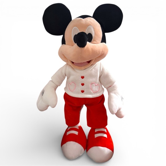 Disney Store Mickey Mouse Valentine Plush Red White Sweater Hearts Plush - Picture 2 of 10